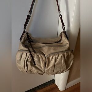 MZ Wallace Beige Shoulder Bag with Burgundy Leather Trim